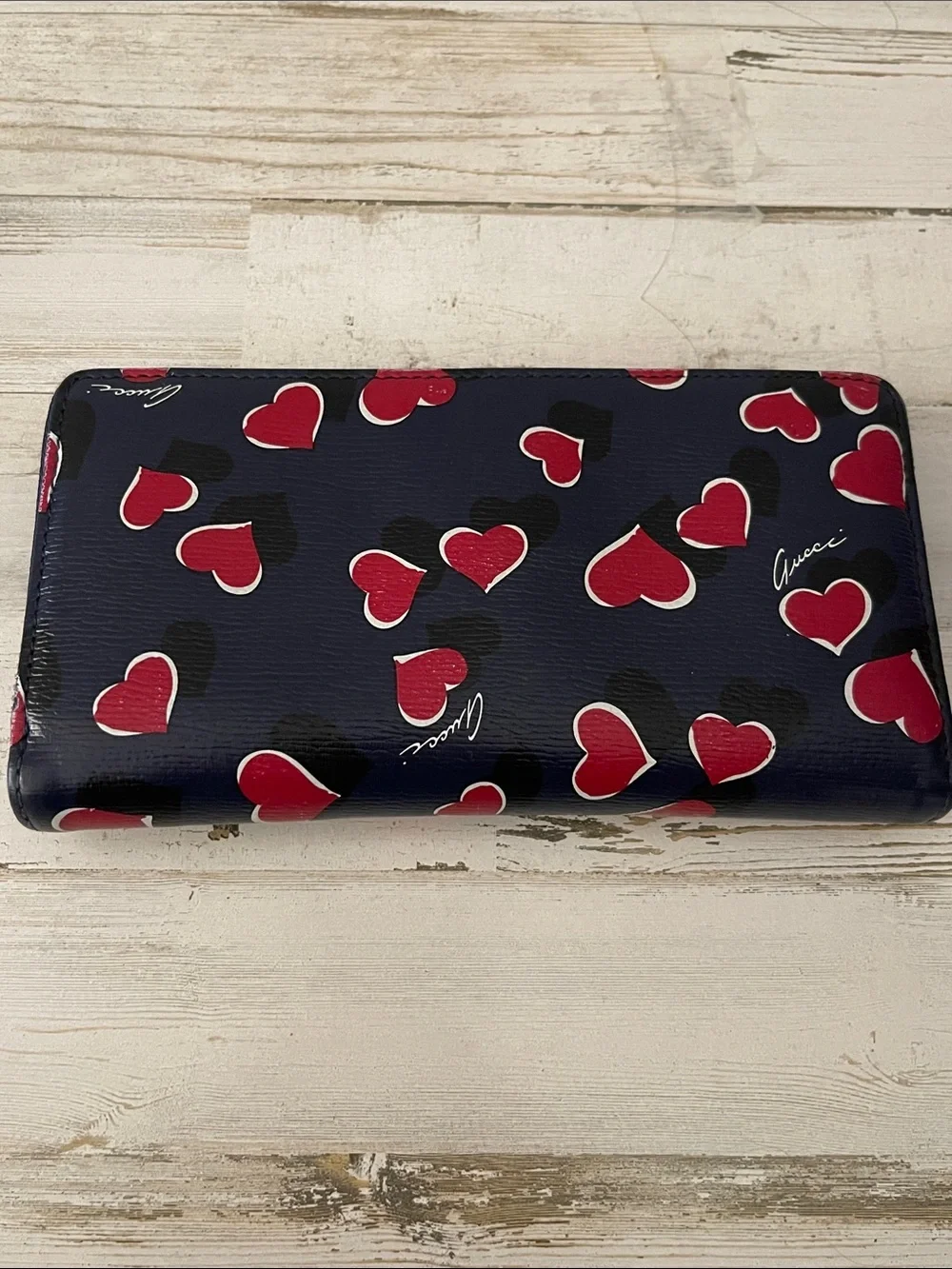 Gucci Betty Heart Print Zip Around Continental Wallet Navy Leather